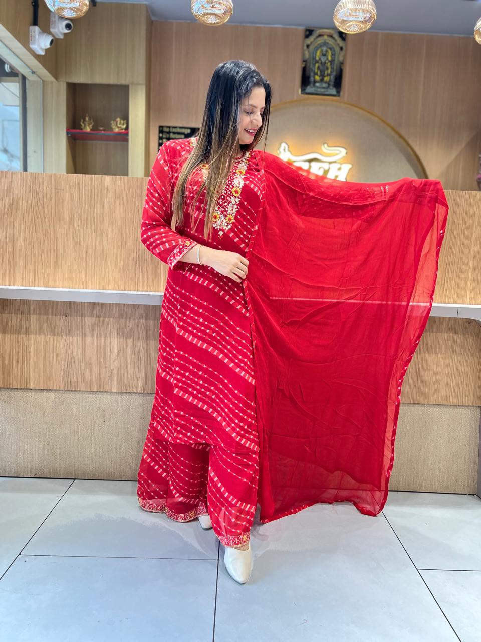 Pure Georgette Lehariya Plazzo 3 Pc set (Red Color)