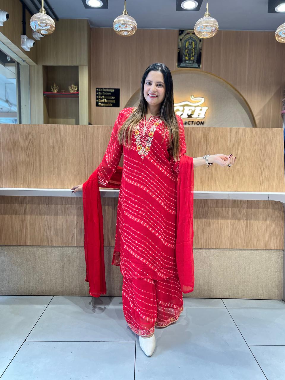 Pure Georgette Lehariya Plazzo 3 Pc set (Red Color)