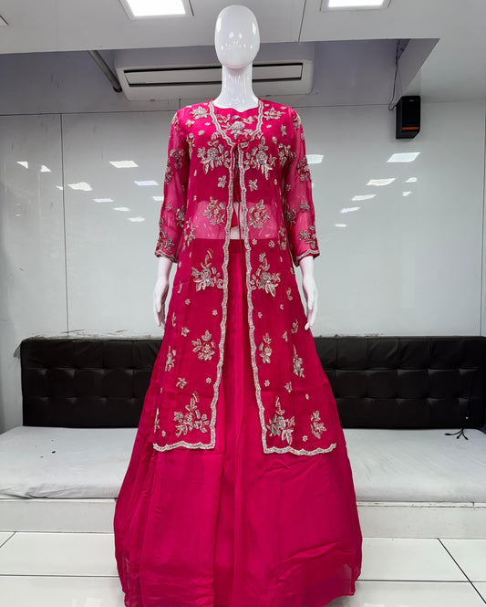 Pure Chinon Handwork Party Wear 3pc Set Pink Color