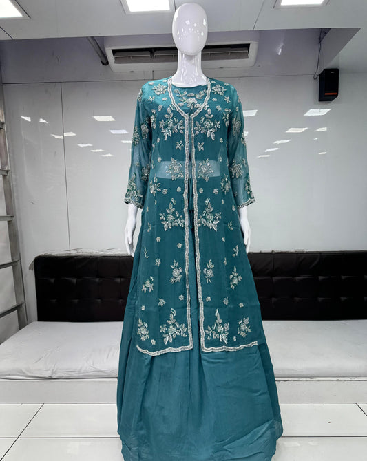 Pure Chinon Handwork Party Wear 3pc Set Ocean Blue Color