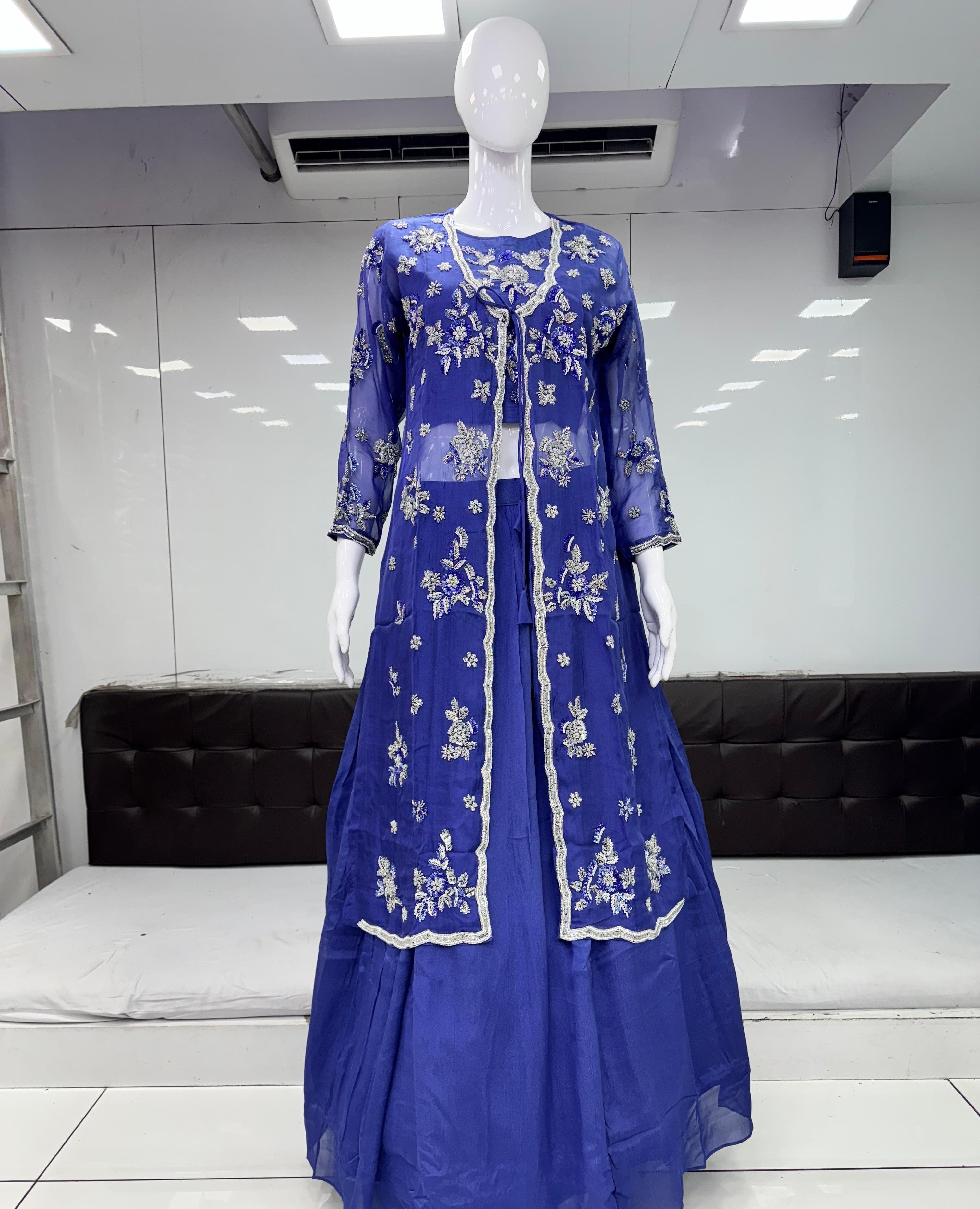 Pure Chinon Handwork Party Wear 3pc Set Blue Color