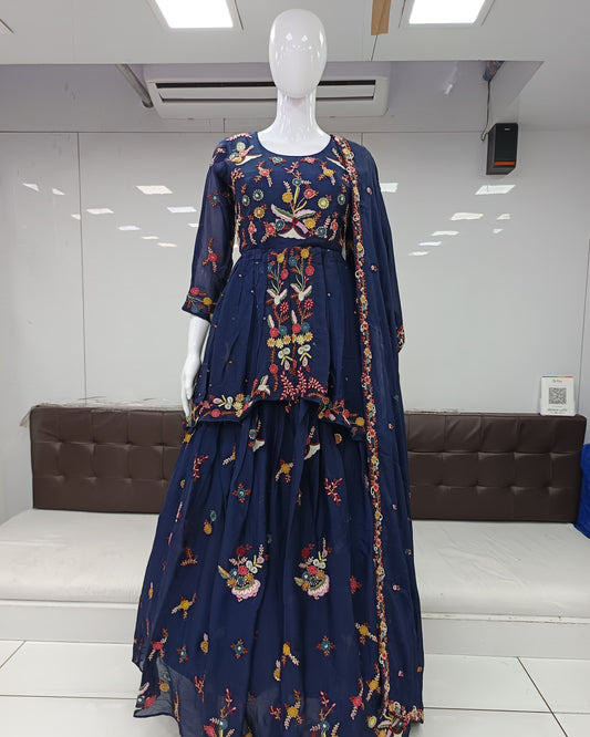 Pure Chinon Handwork Party Wear 3pc Set Bottom Skirt Navy Blue Color