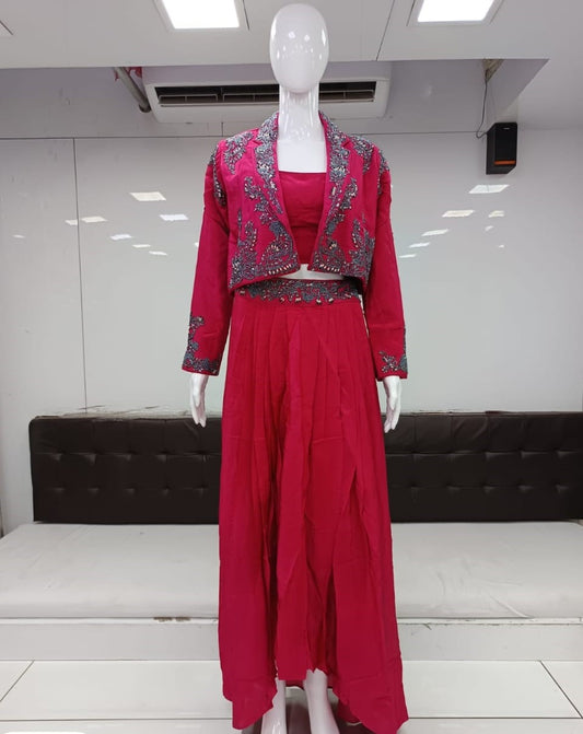 Pure Crep Handwork Party Wear 3pc Set With Jacket Pink Color