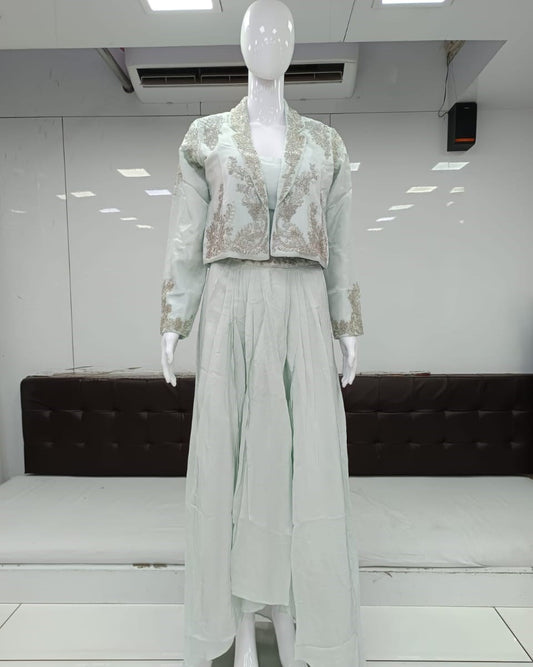 Pure Crep Handwork Party Wear 3pc Set With Jacket White Color