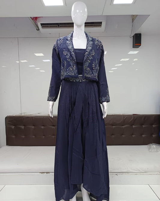Pure Crep Handwork Party Wear 3pc Set With Jacket Navy Blue Color