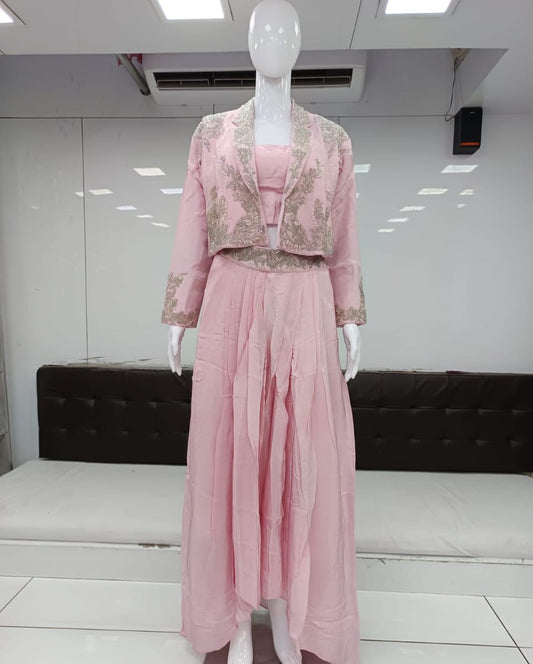 Pure Crep Handwork Party Wear 3pc Set With Jacket Baby Pink Color