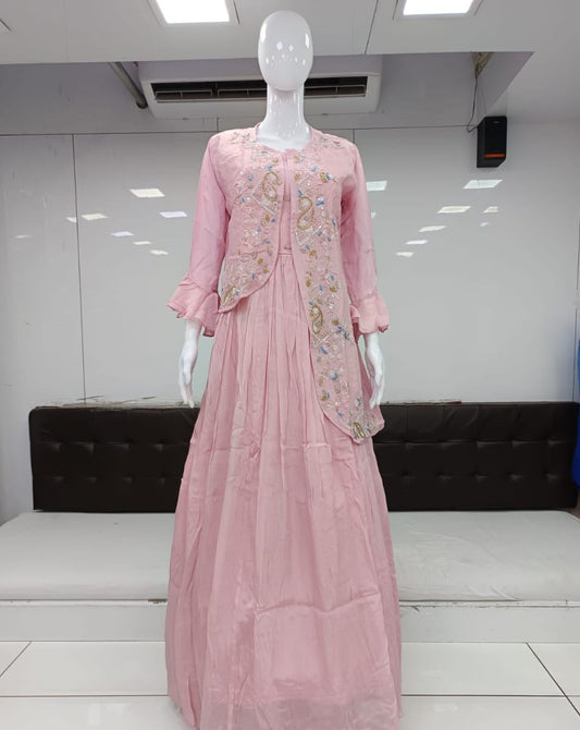 Pure Chinon Handwork Party Wear Gown Baby Pink Color