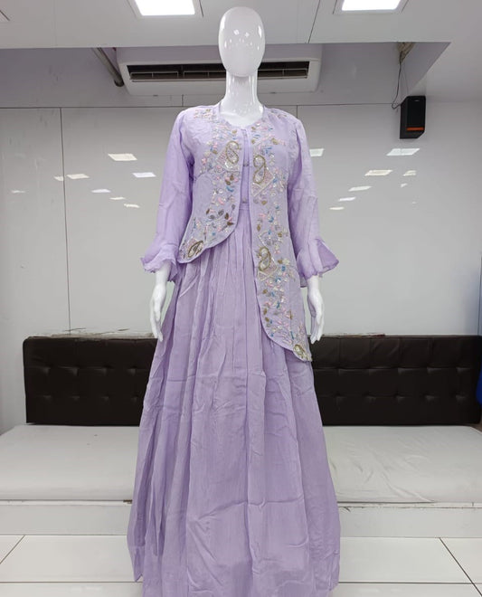Pure Chinon Handwork Party Wear Gown Light Purple Color