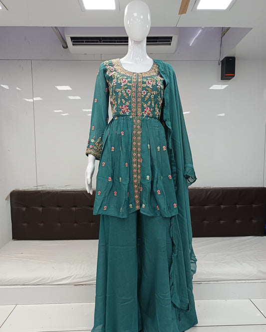 Pure Chinon Handwork Party Wear 3pc Set Ocean Green Color