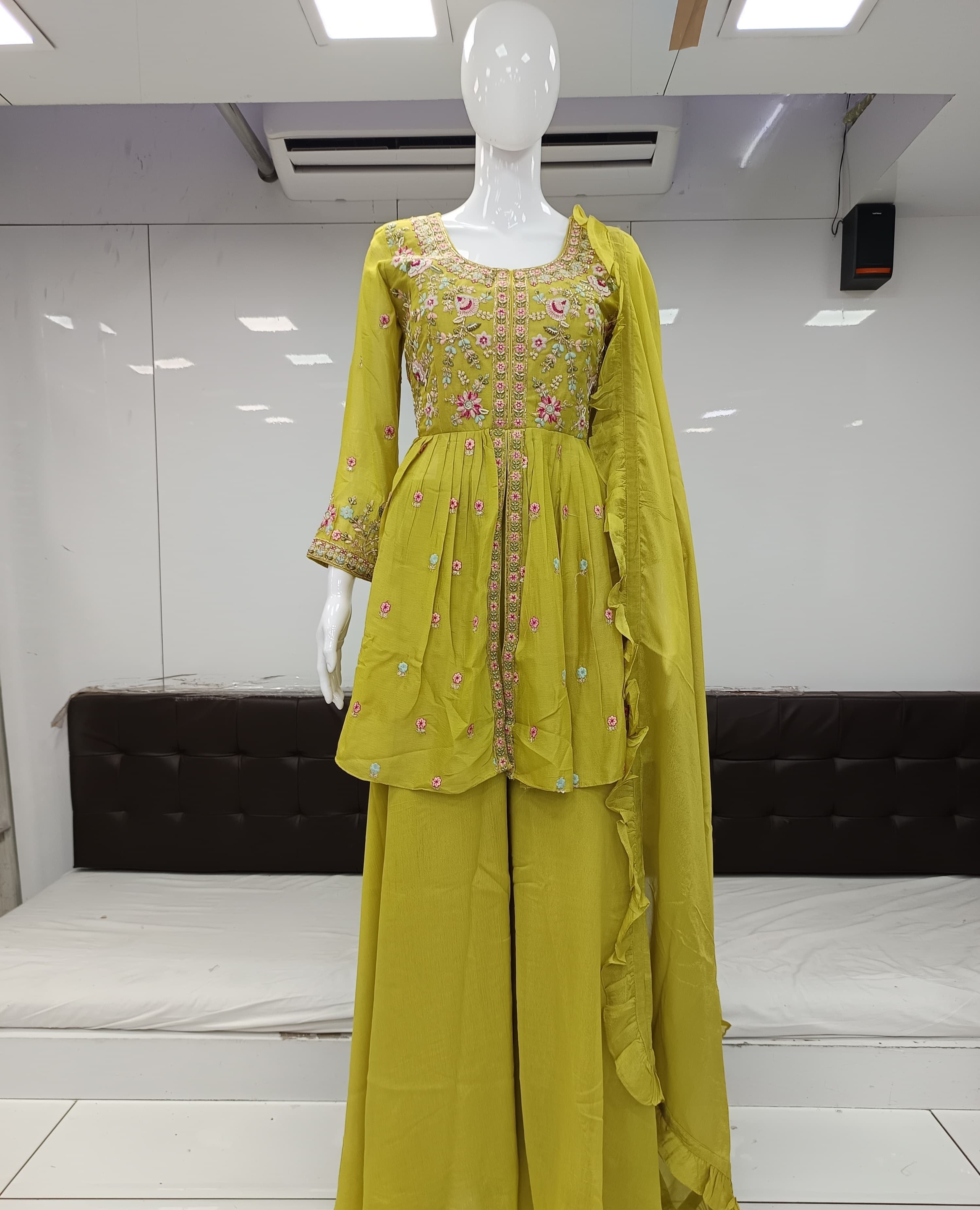 Pure Chinon Handwork Party Wear 3pc Set Yellow Color
