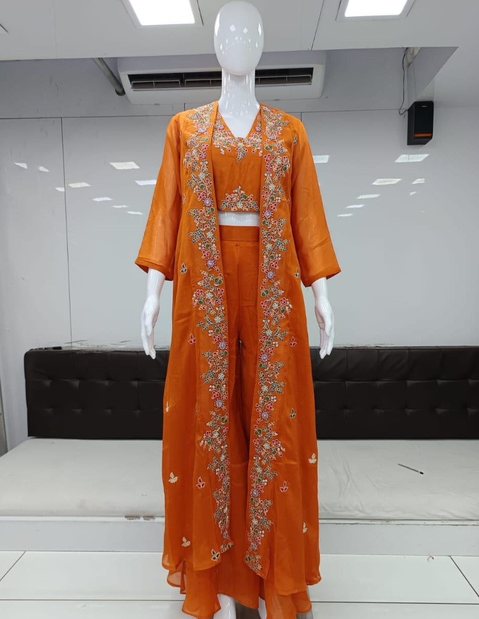 Pure Chinon Handwork Party Wear 3pc Set With Jacket Orange Color