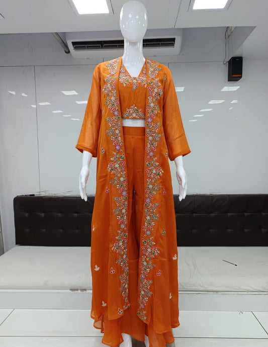 Pure Chinon Handwork Party Wear 3pc Set With Jacket Orange Color