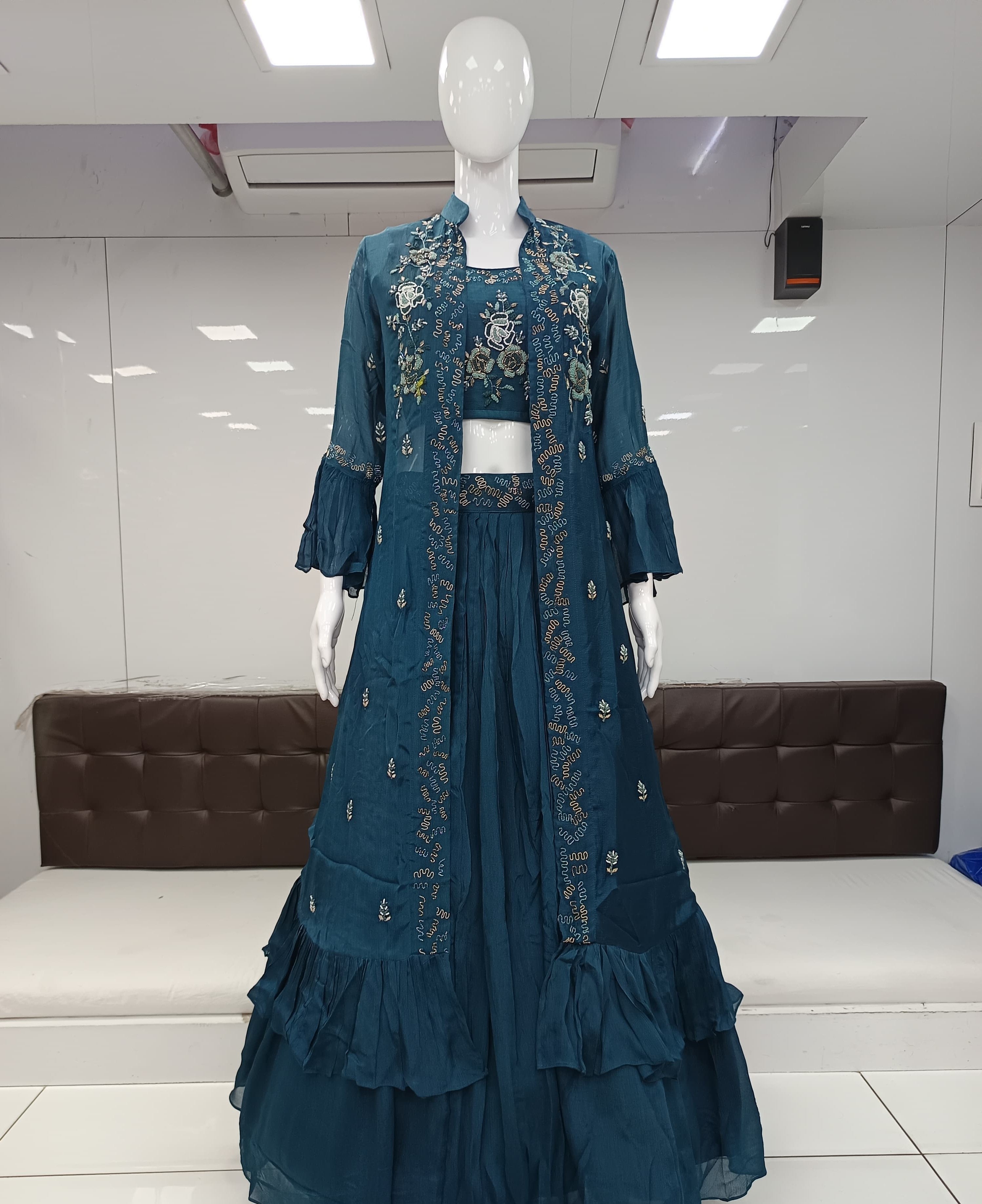 Pure Chinon Handwork Party Wear 3pc Set With Jacket Teal Blue Color
