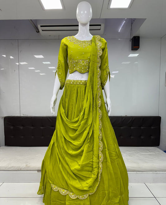 Pure Chinon  Ready To Wear Saree Drep Pattern With Handwork Party Wear English Green Color