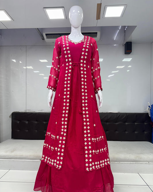Pure Chinon Gown Handwork Party Wear Rani Pink Color