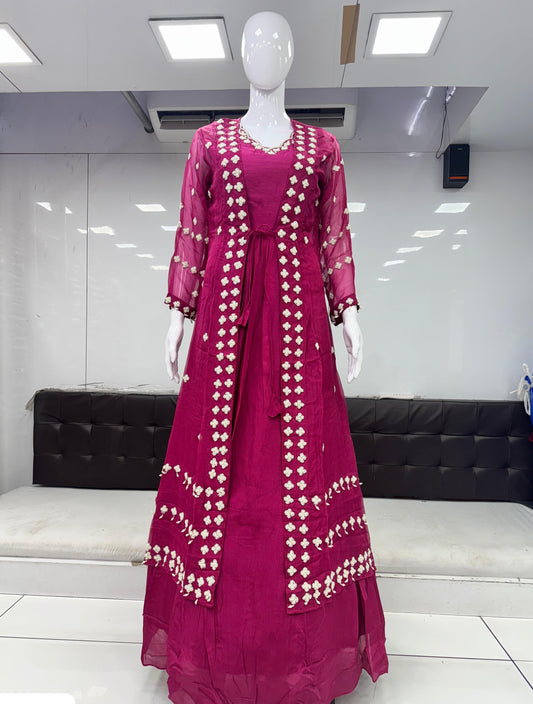 Pure Chinon Gown Handwork Party Wear Pink Color