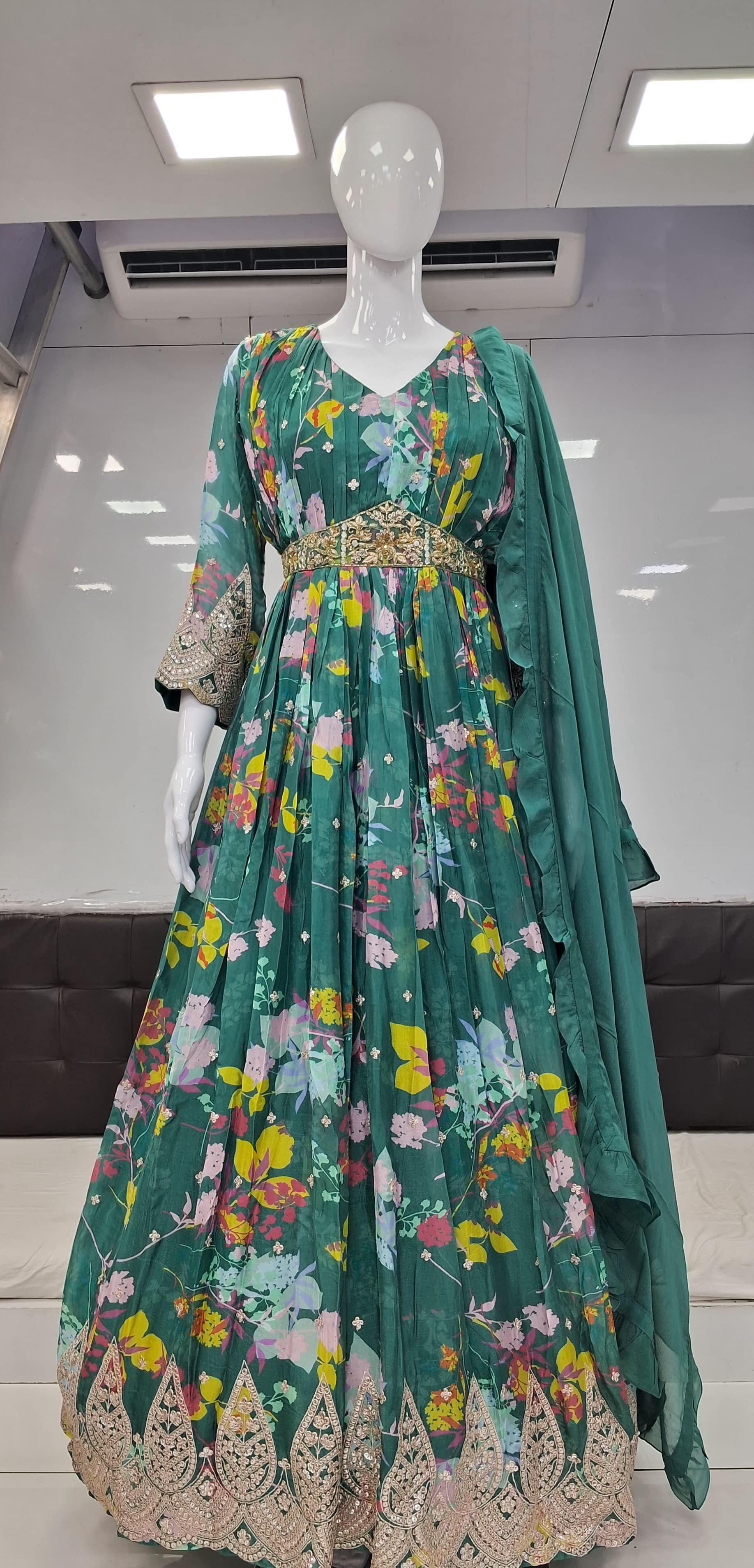 Pure Chinon Handwork Party Wear Gown Green Color