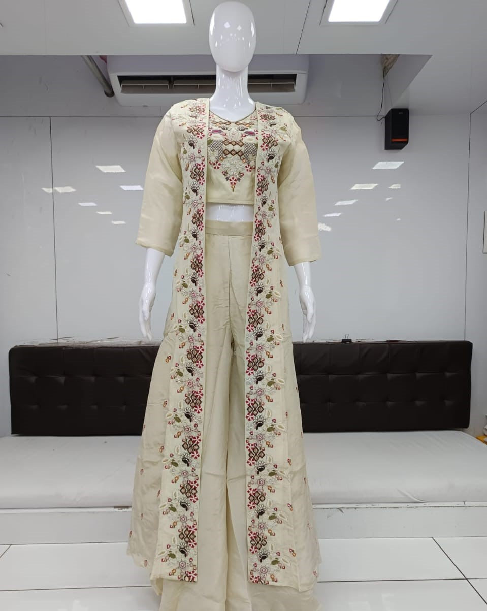 Pure Simmer Tissue Handwork Party Wear 3pc Set Cream Color