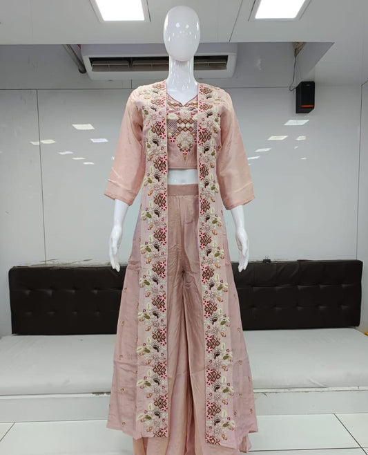 Pure Simmer Tissue Handwork party Wear 3pc Set Light Pink Color