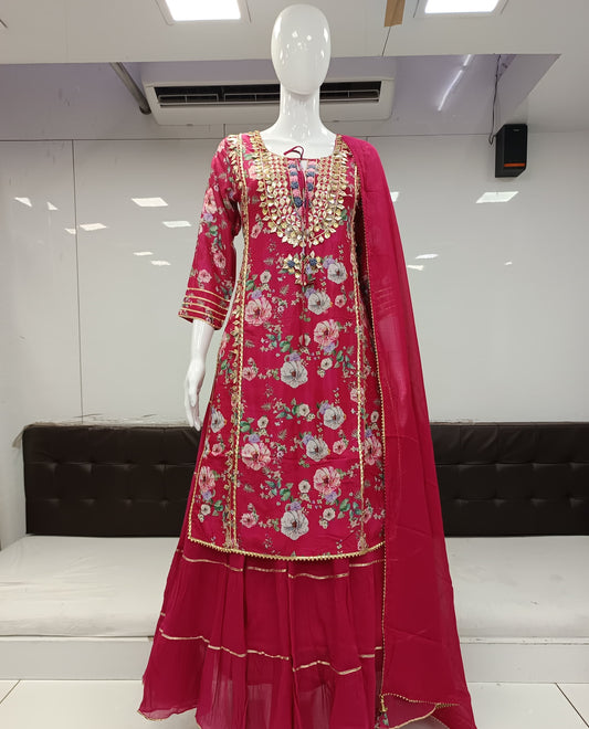 Pure Muslin Hand Detailing Work Party Wear Gown Rani Pink Color