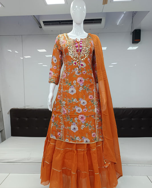 Pure Muslin Hand Detailing Work Party Wear Gown Orange Color