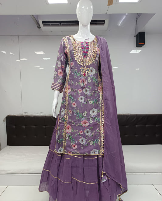 Pure Muslin Hand Detailing Work Party Wear Gown Light Purple Color