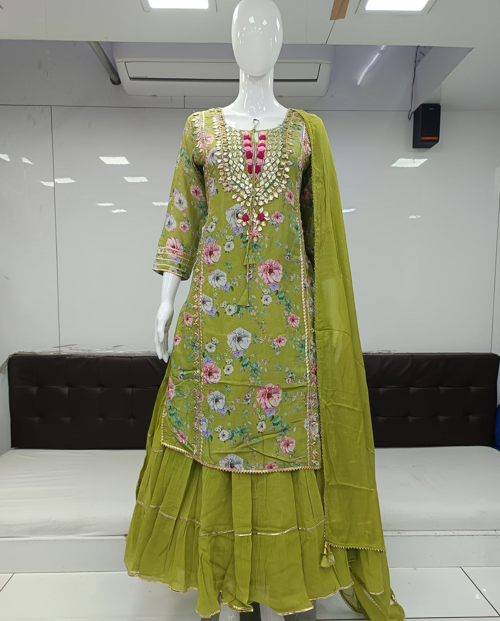 Pure Muslin Hand Detailing Work Party Wear Gown Green Color