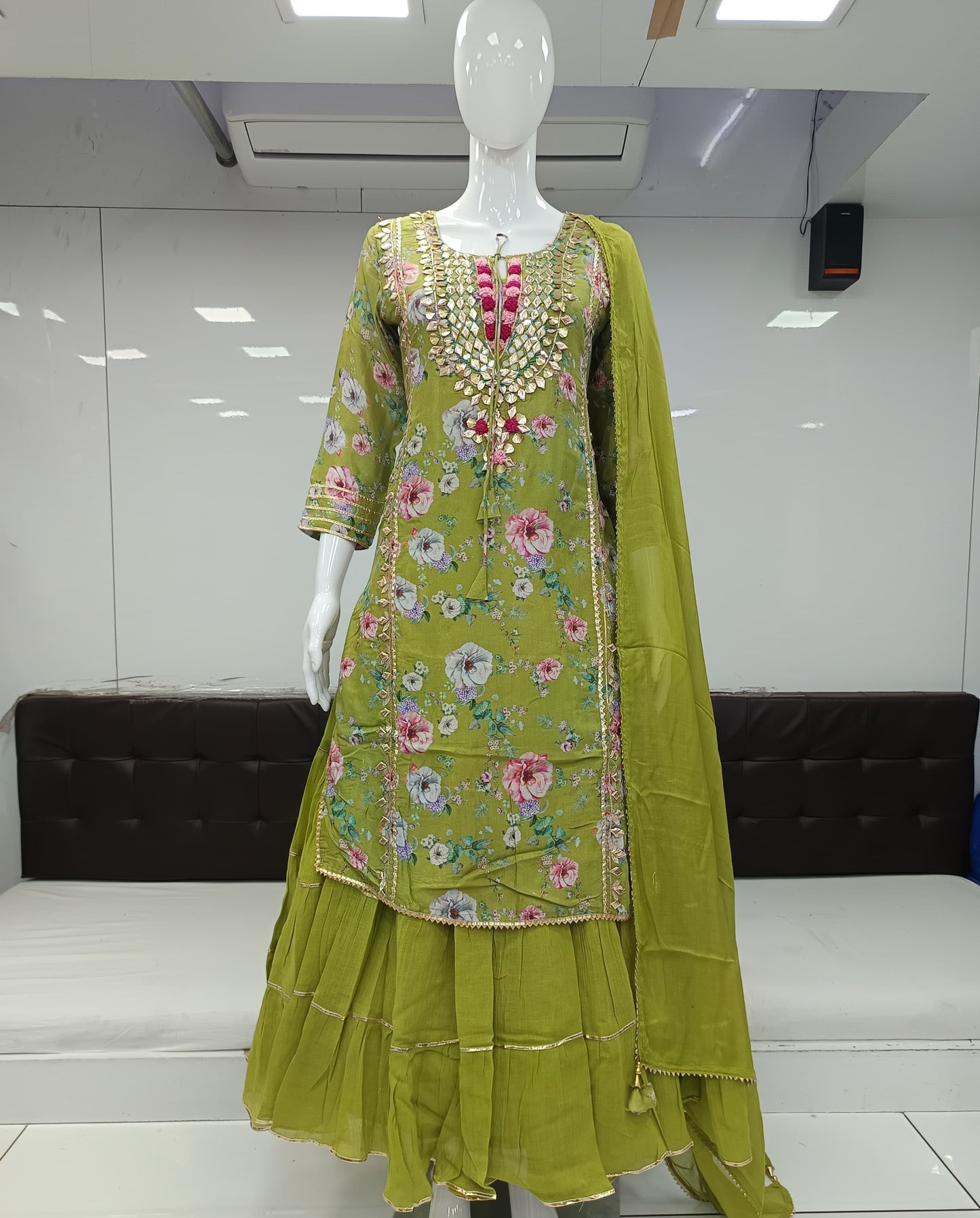 Pure Muslin Hand Detailing Work Party Wear Gown Green Color