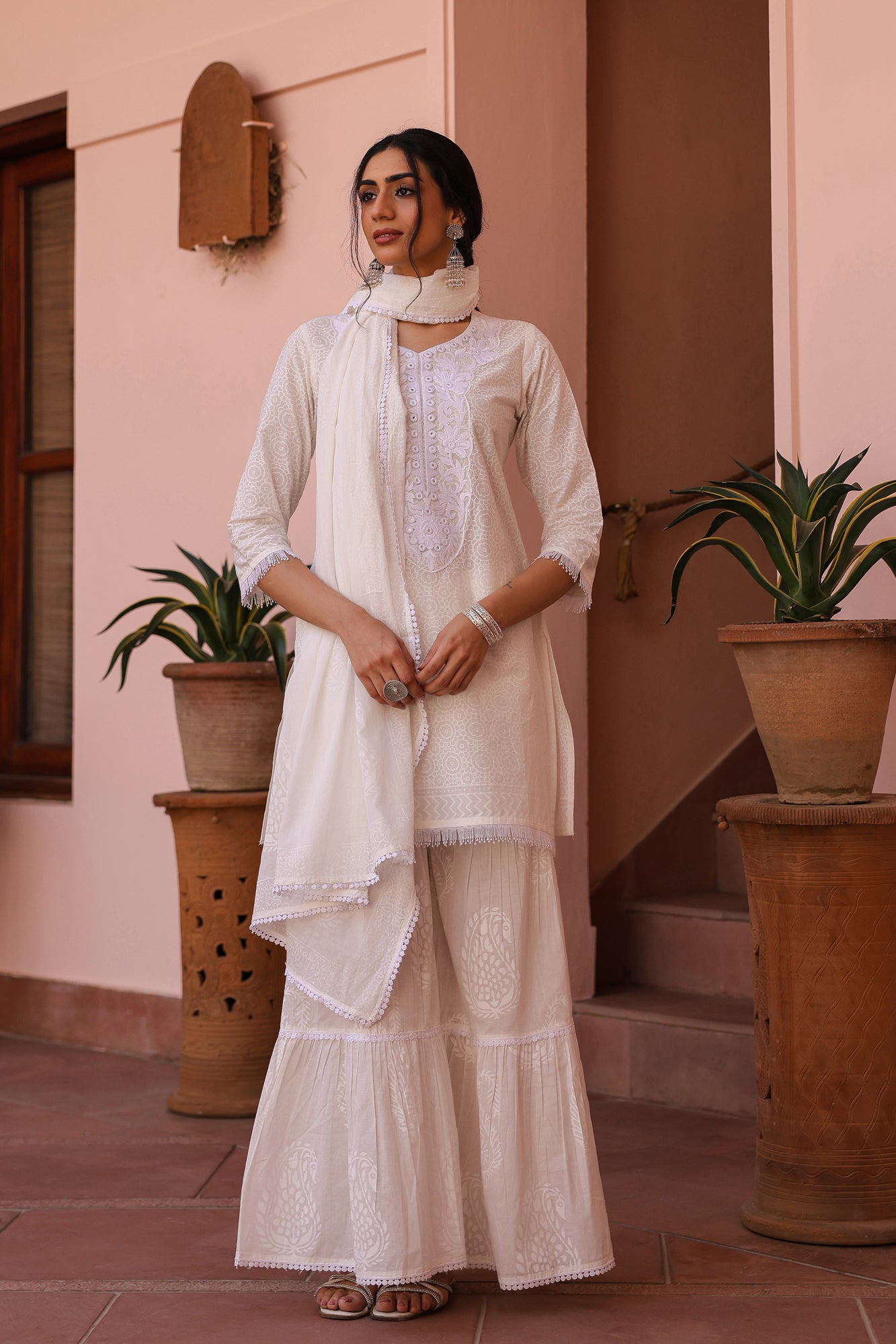 Pure White Cotton Summer Coord Set with Embroidered Dupatta