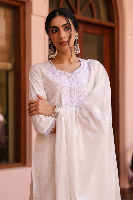 Pure White Cotton Summer Coord Set with Embroidered Dupatta