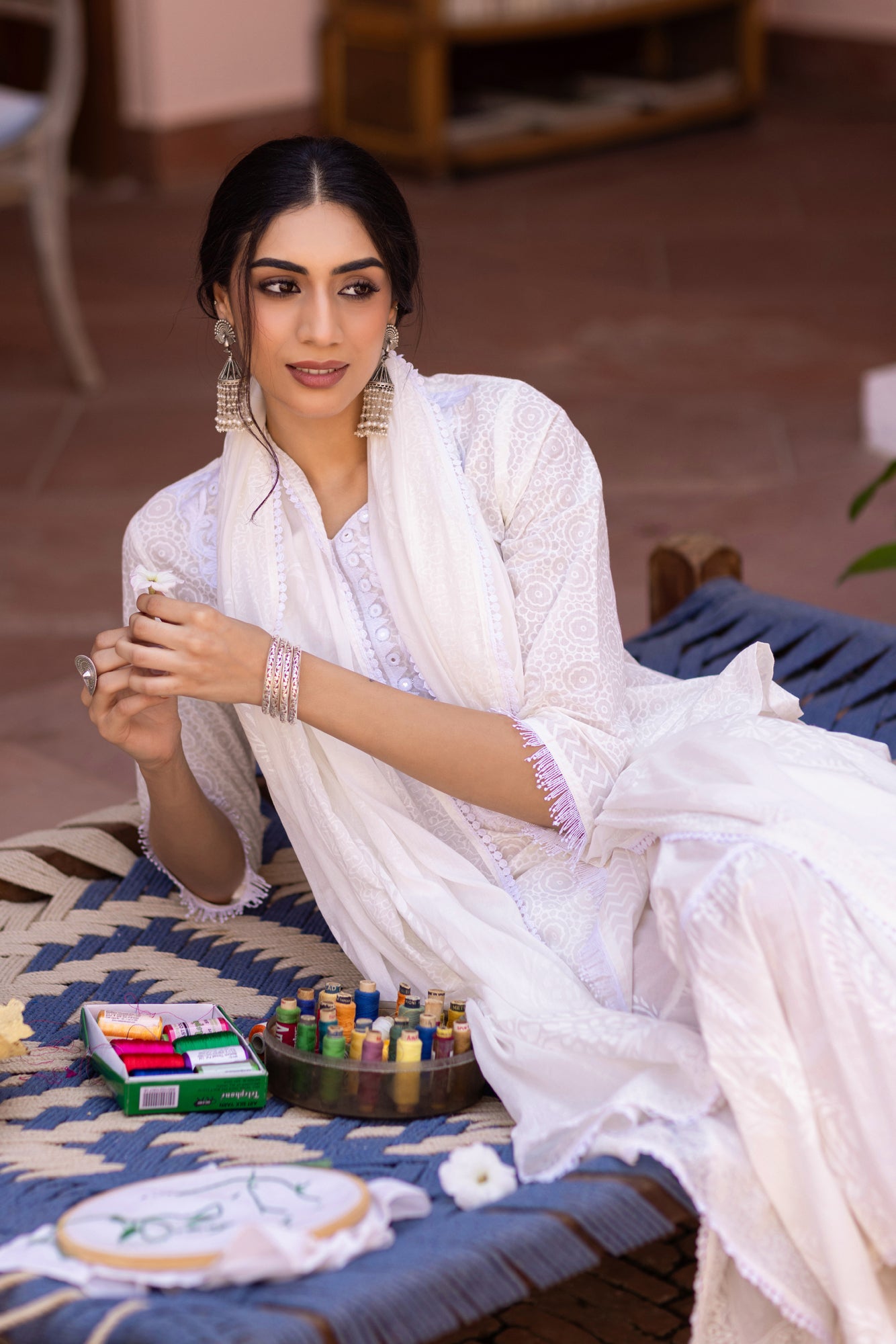 Pure White Cotton Summer Coord Set with Embroidered Dupatta