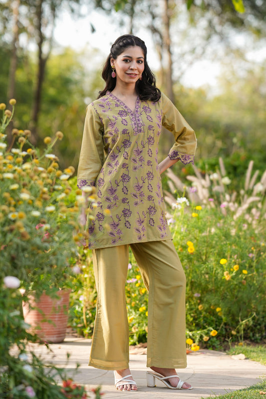 Elegant Olive Green Pure Mull Designer