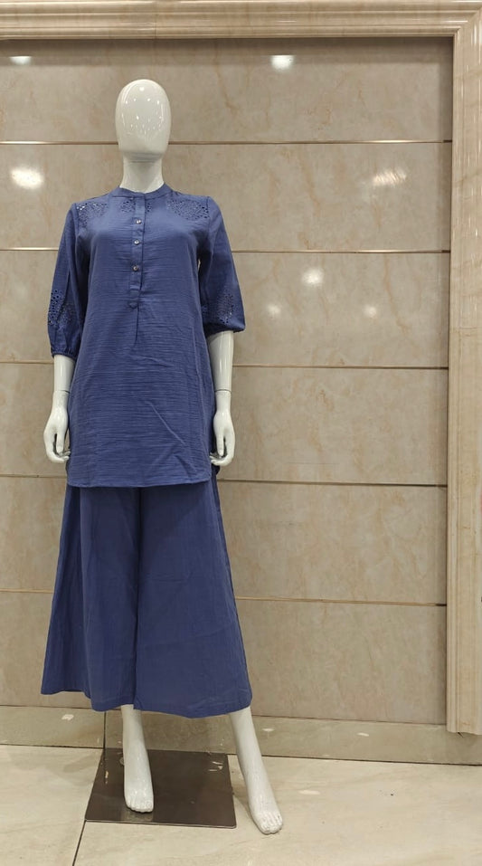 Jaipuri Mull Cotton Schiffli Work Cordset With Palazzo Blue Color