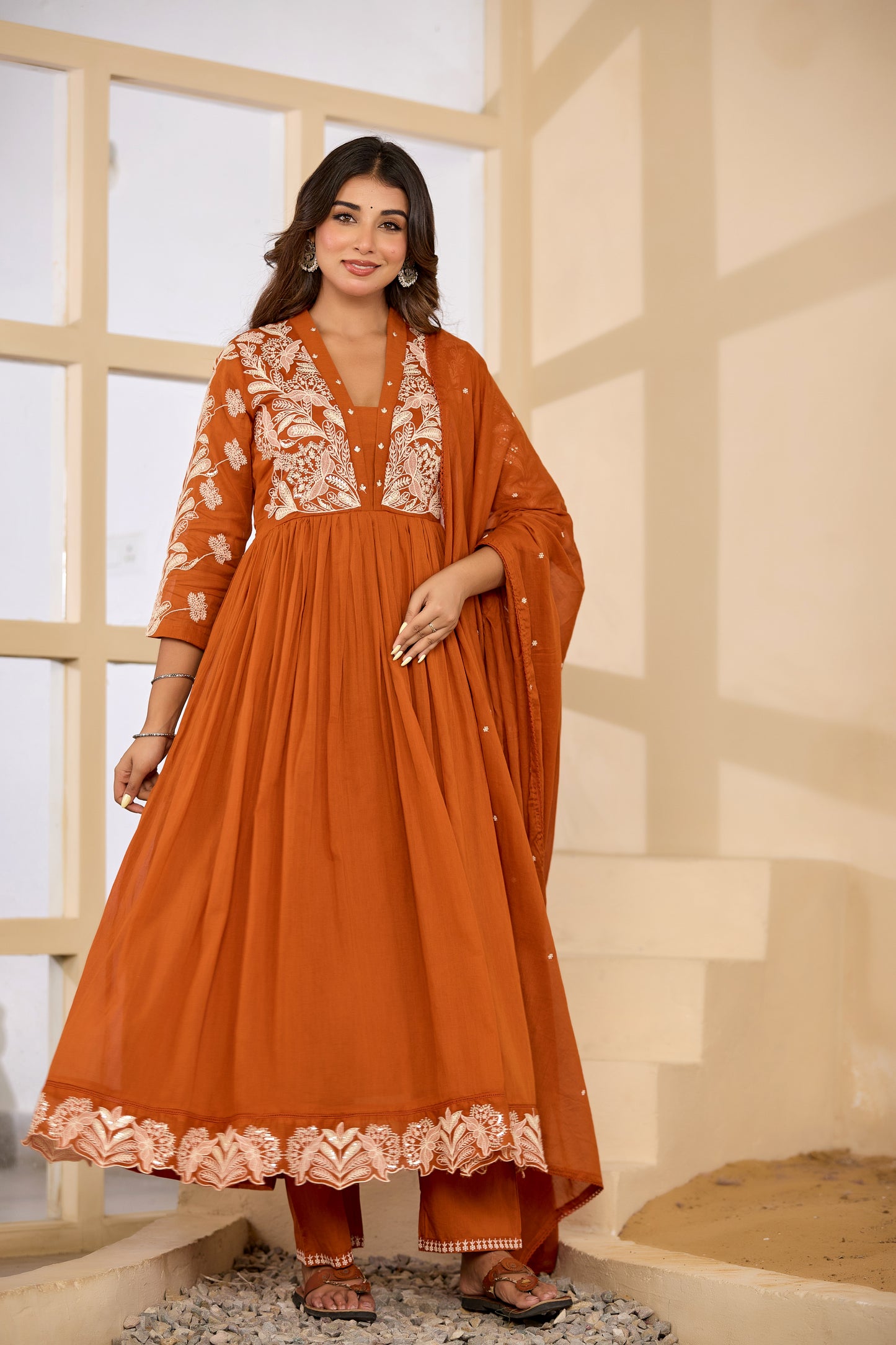Mull Cotton Anarkali Orange 3pc Set