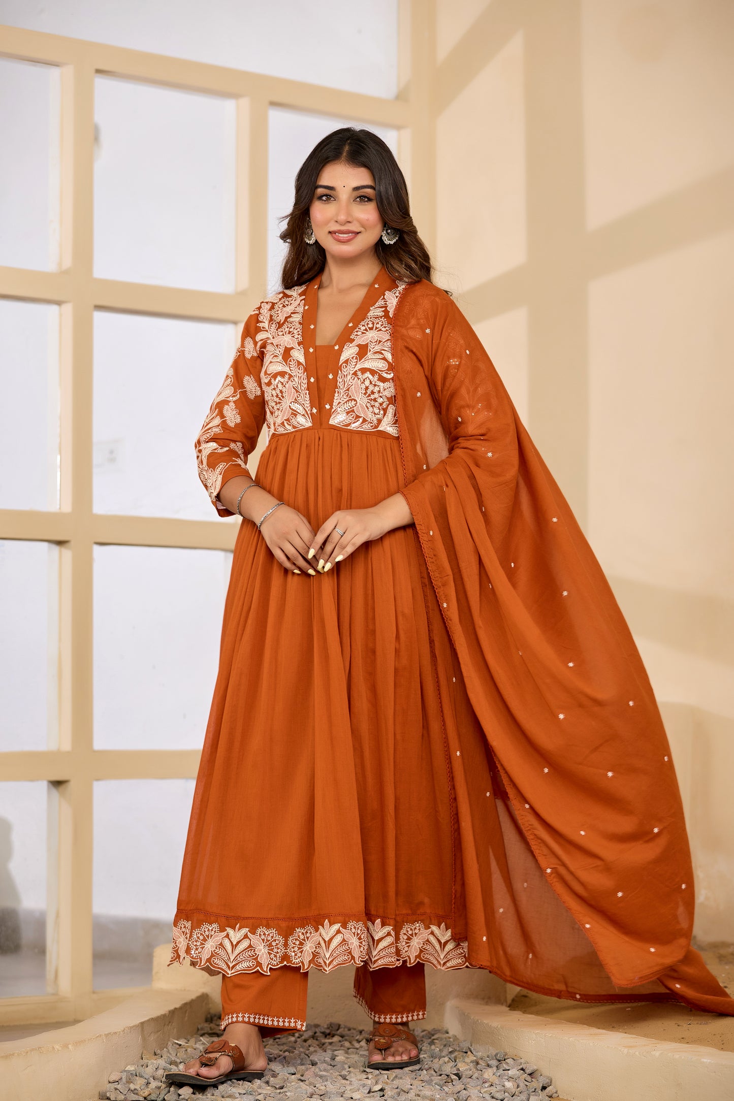 Mull Cotton Anarkali Orange 3pc Set