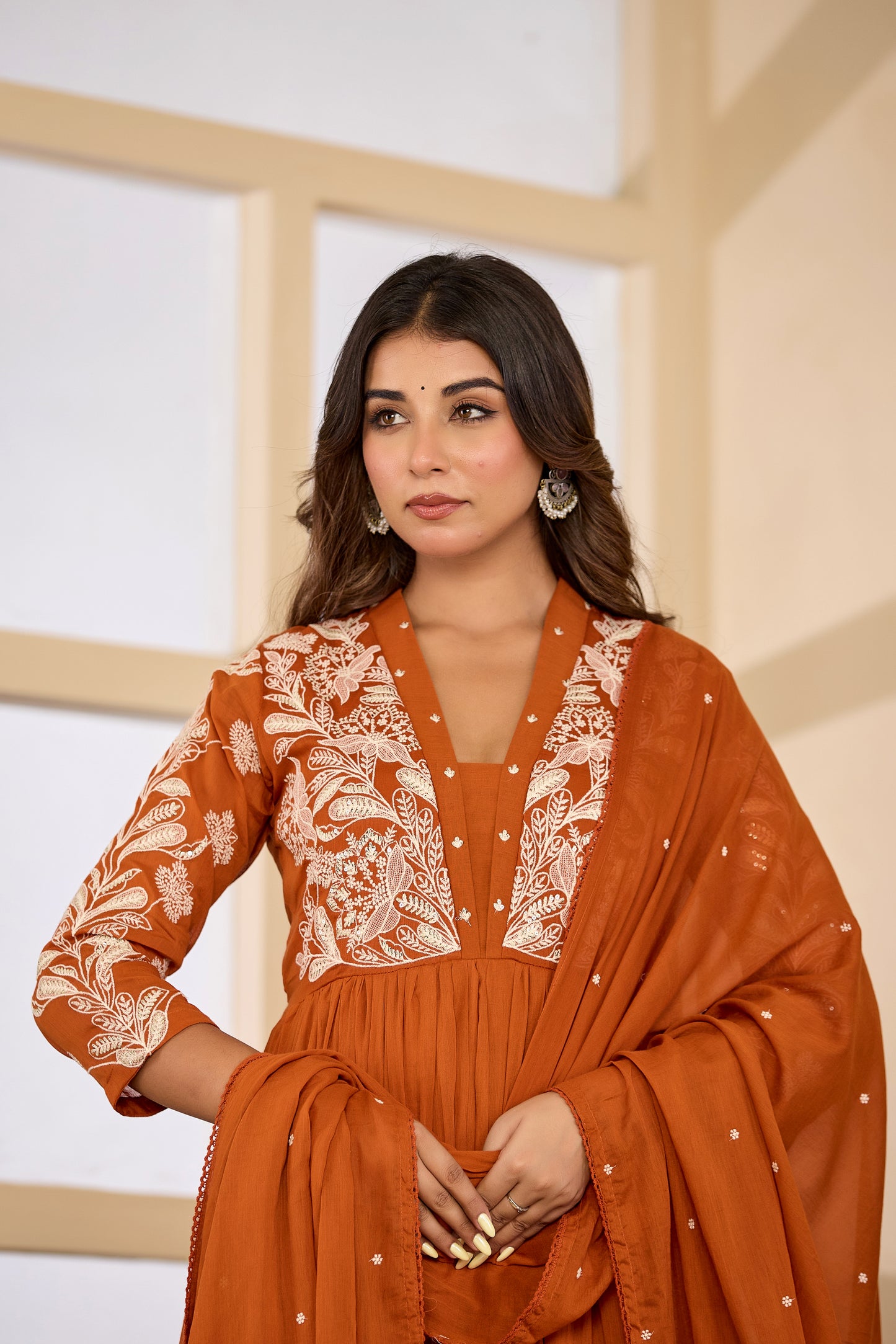 Mull Cotton Anarkali Orange 3pc Set