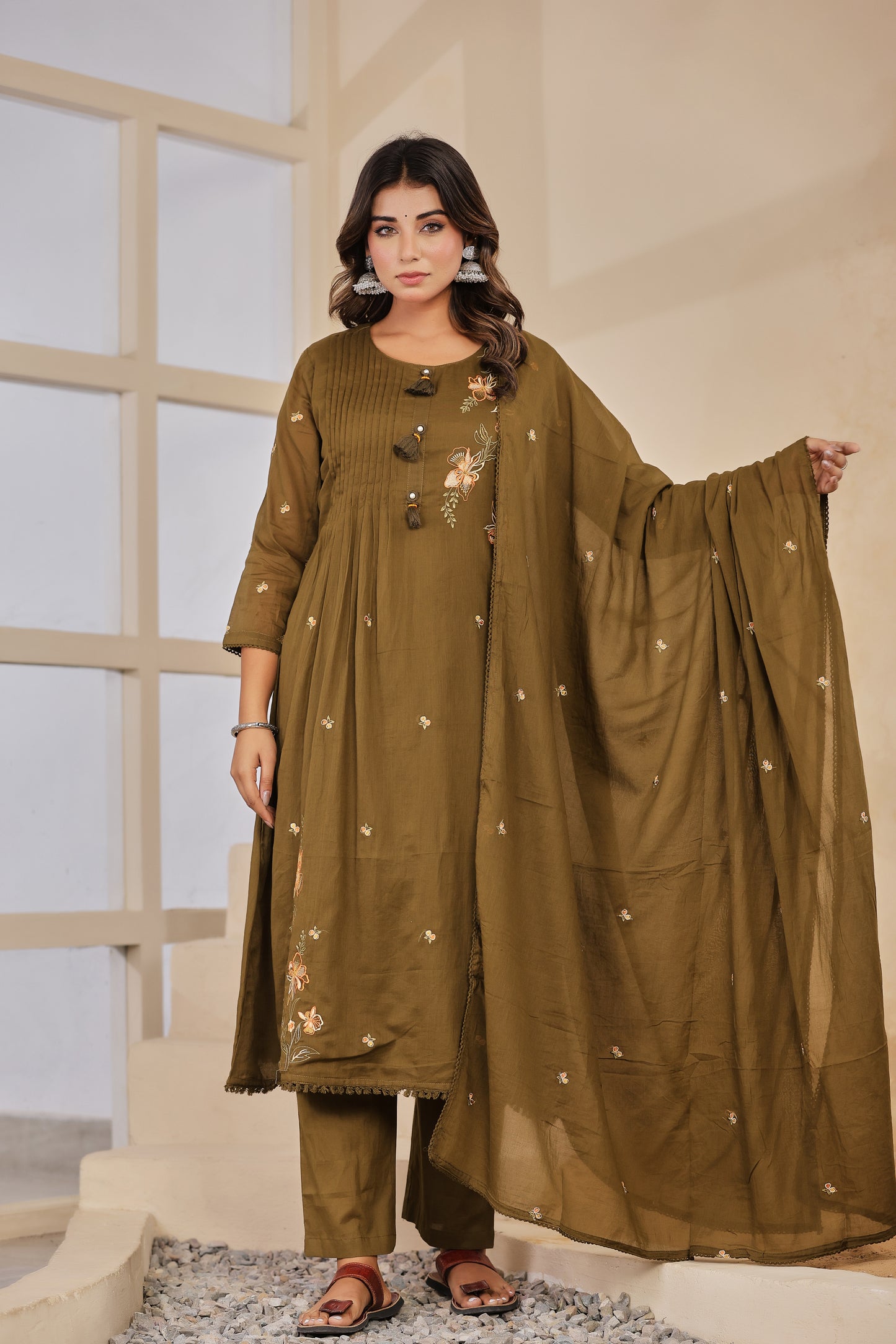 Pure Mull Cotton Anarkali 3 Pc Suit With Pintex Design