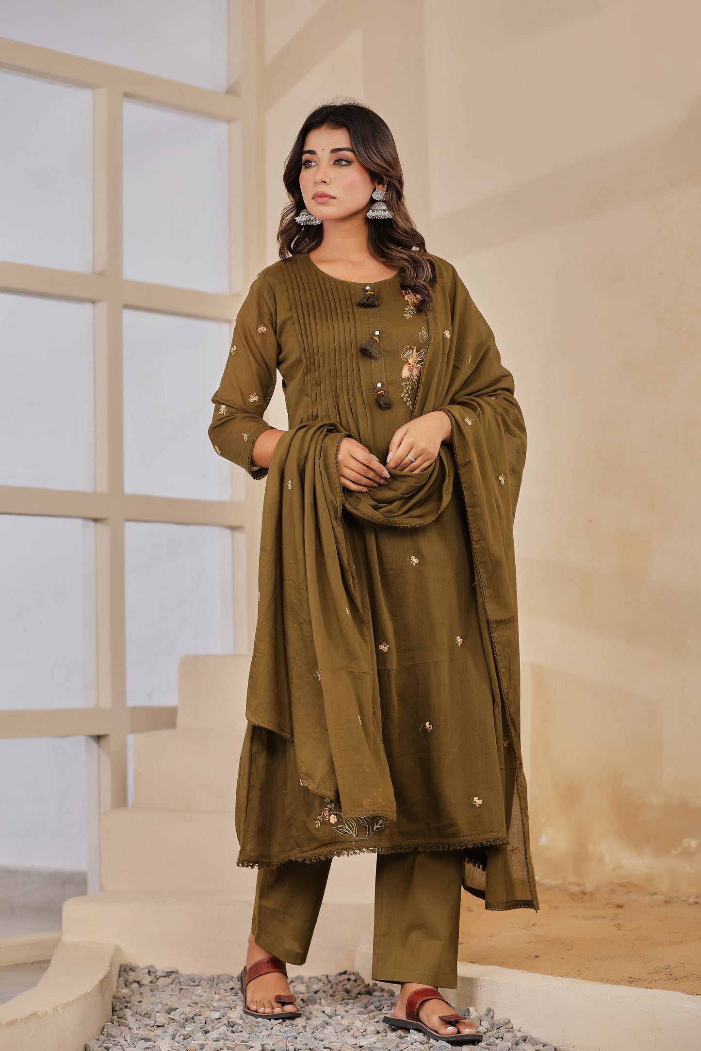 Pure Mull Cotton Anarkali 3 Pc Suit With Pintex Design