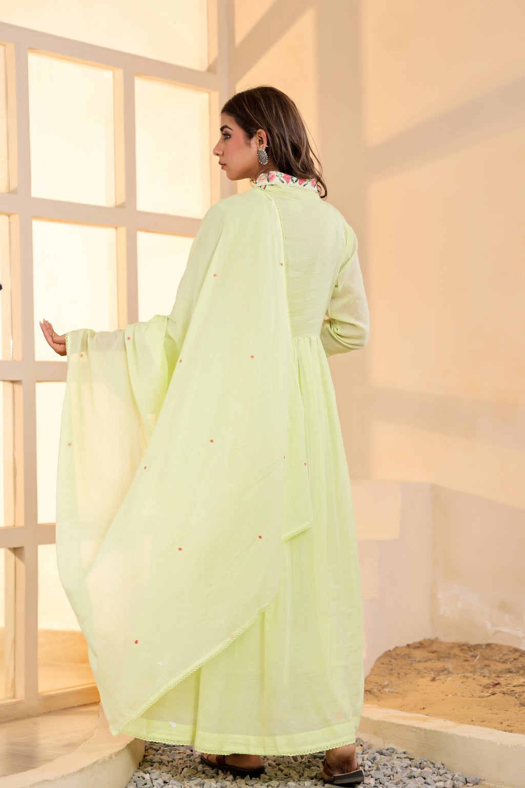 Mull Cotton Anarkali Green 3pc Set