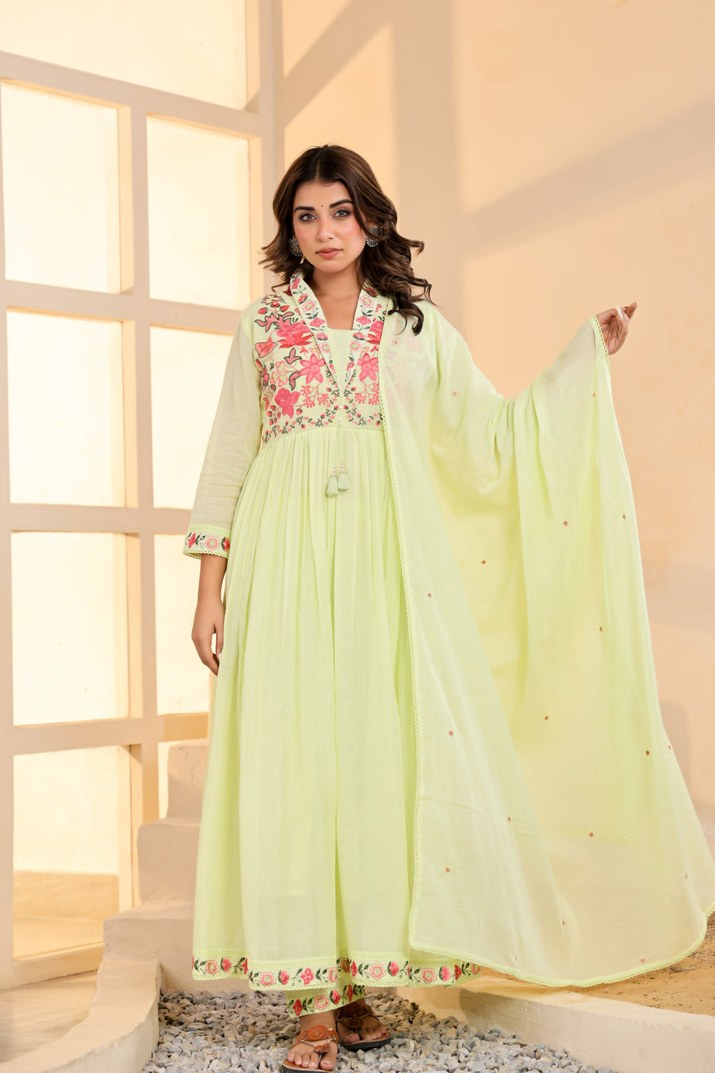 Mull Cotton Anarkali Green 3pc Set