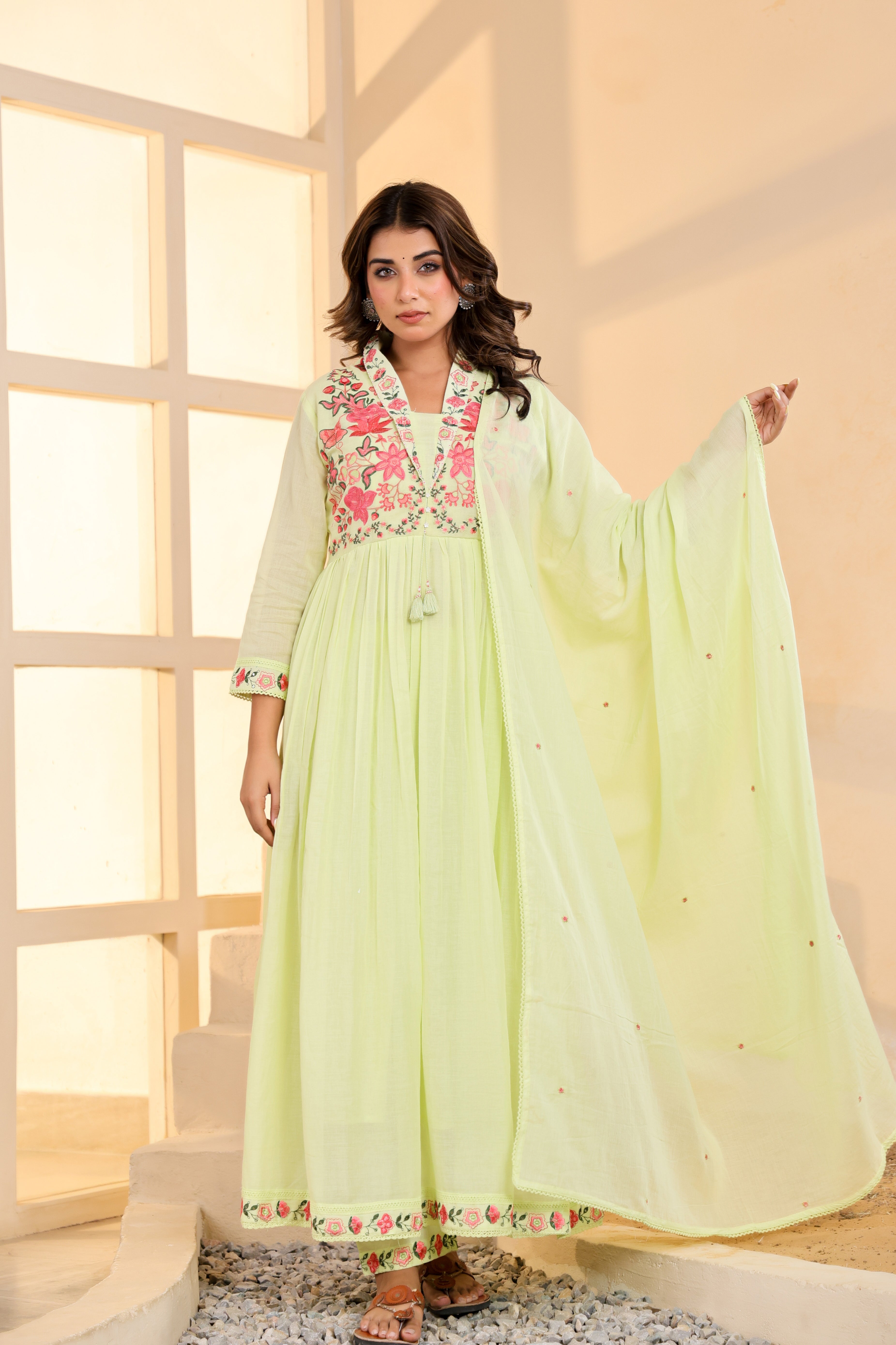 Mull Cotton Anarkali Green 3pc Set