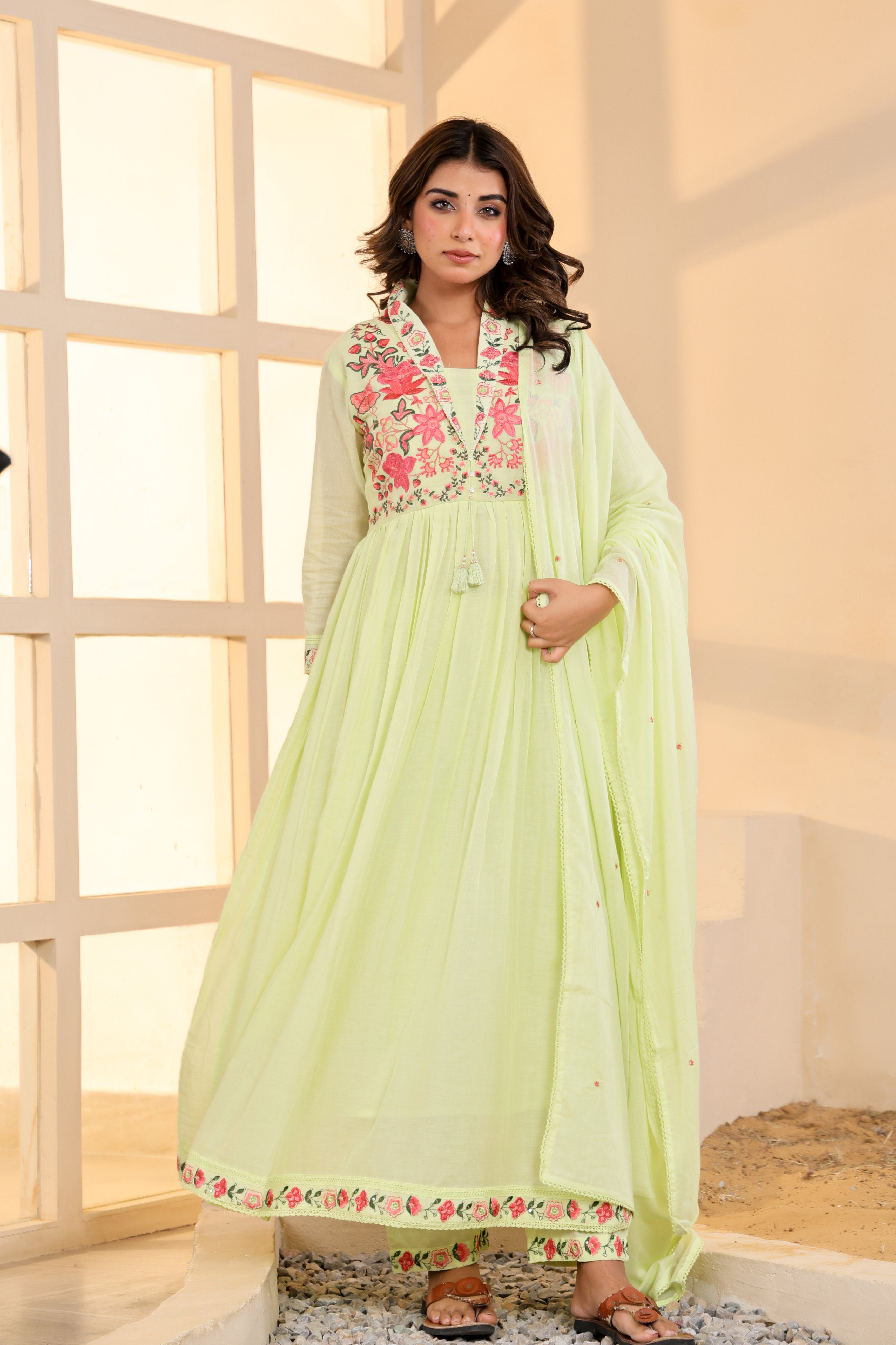 Mull Cotton Anarkali Green 3pc Set