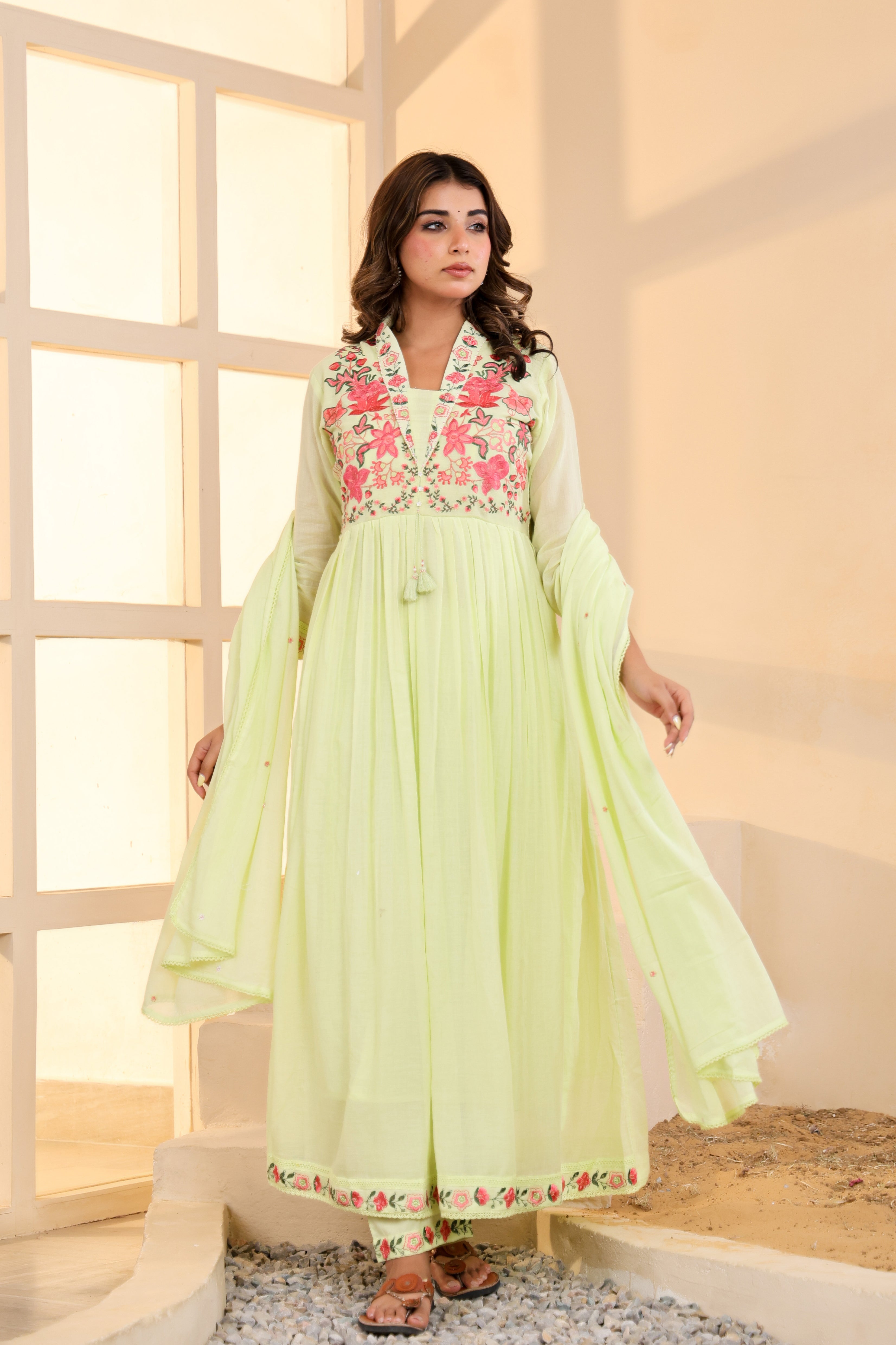 Mull Cotton Anarkali Green 3pc Set