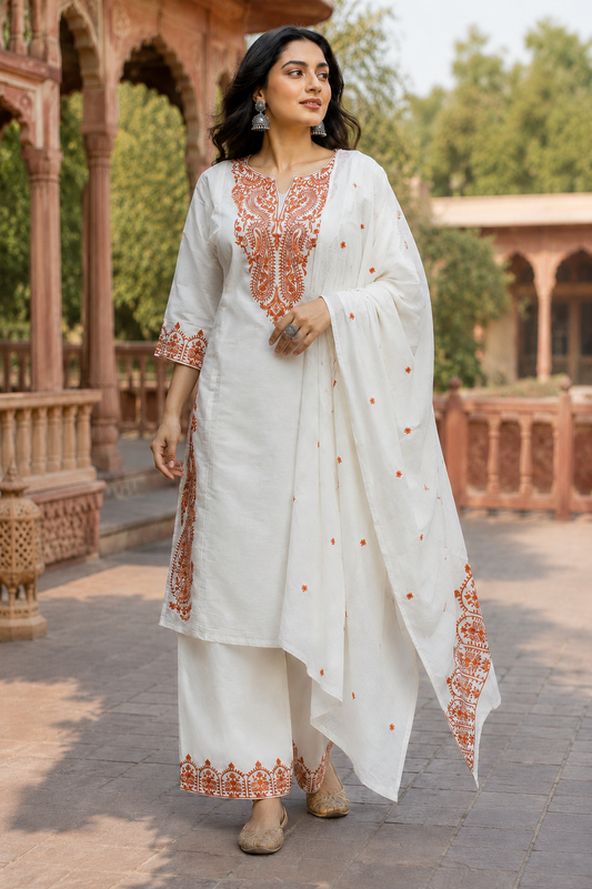 Pure Cora Cotton Off White And Rust Orange 3pc Set