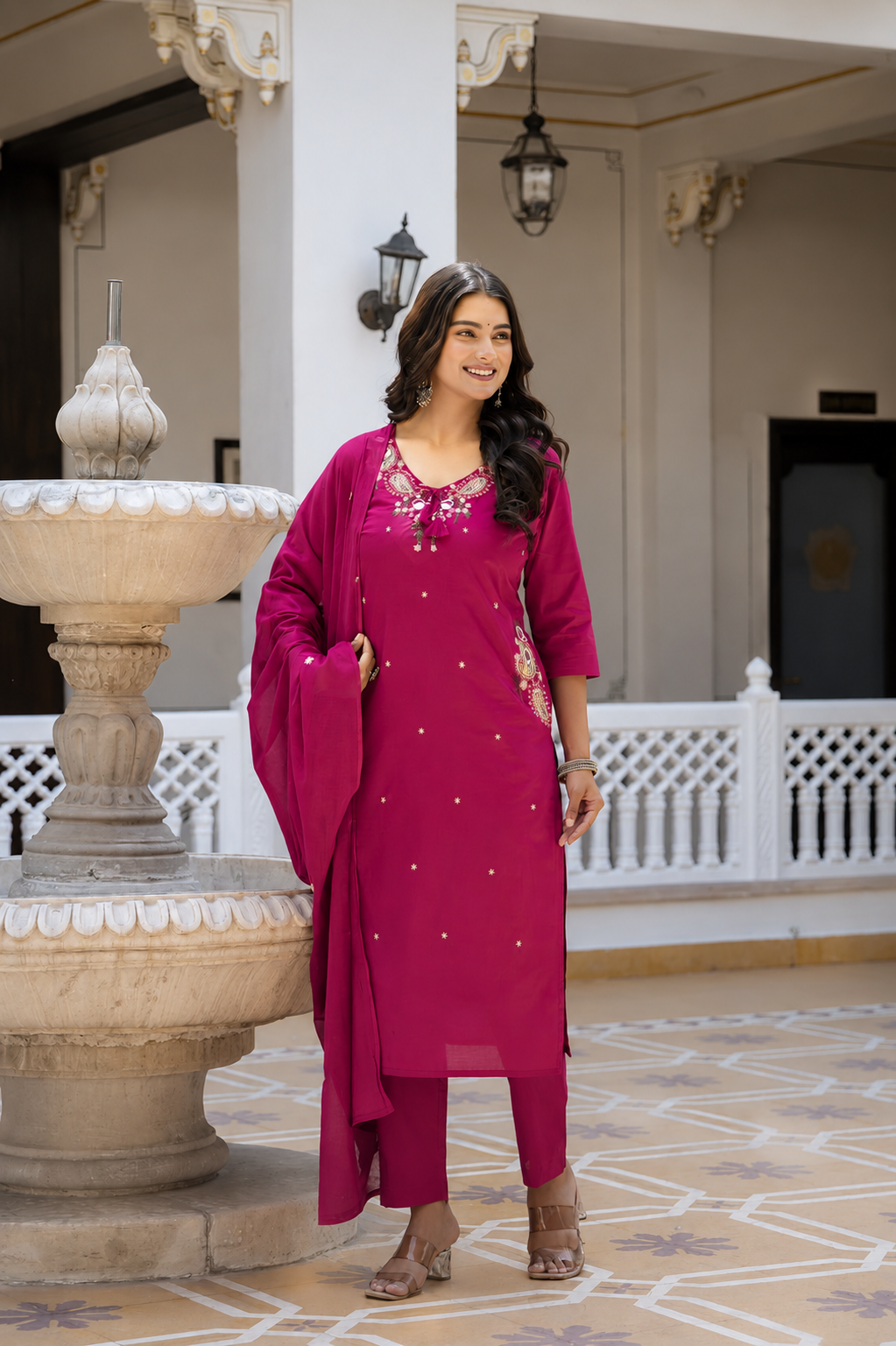 Pure Mull Cotton Rani Pink 3pc Set