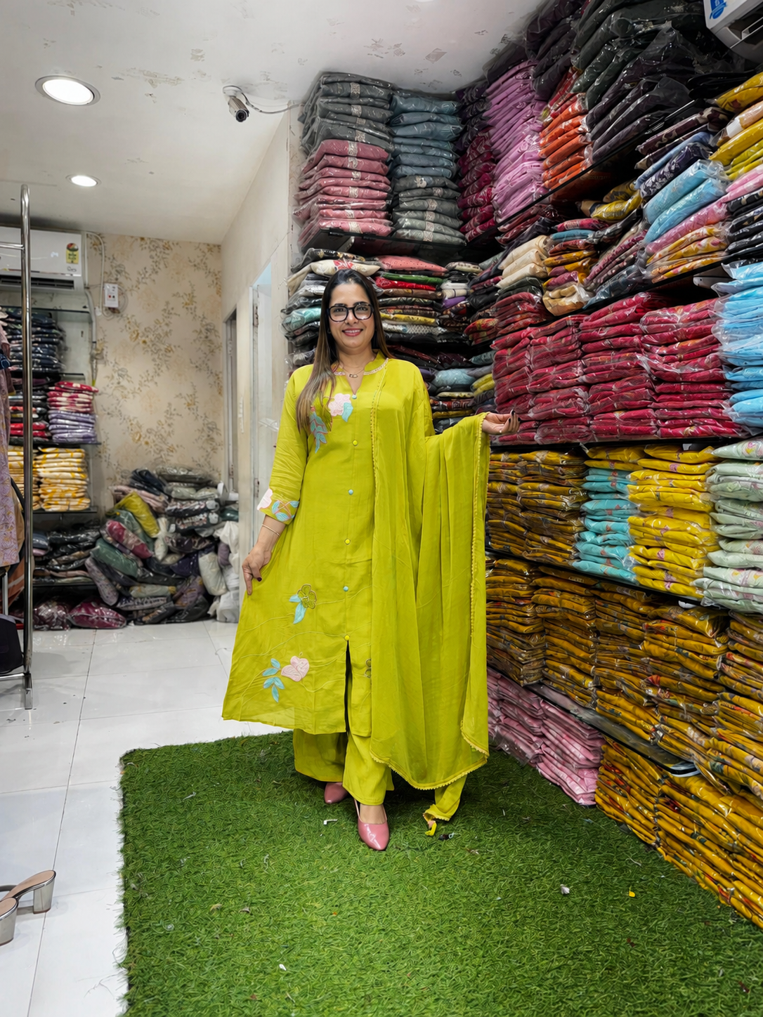 Pure Crush Banaras Mull Chanderi Chatni Green 3pc Set