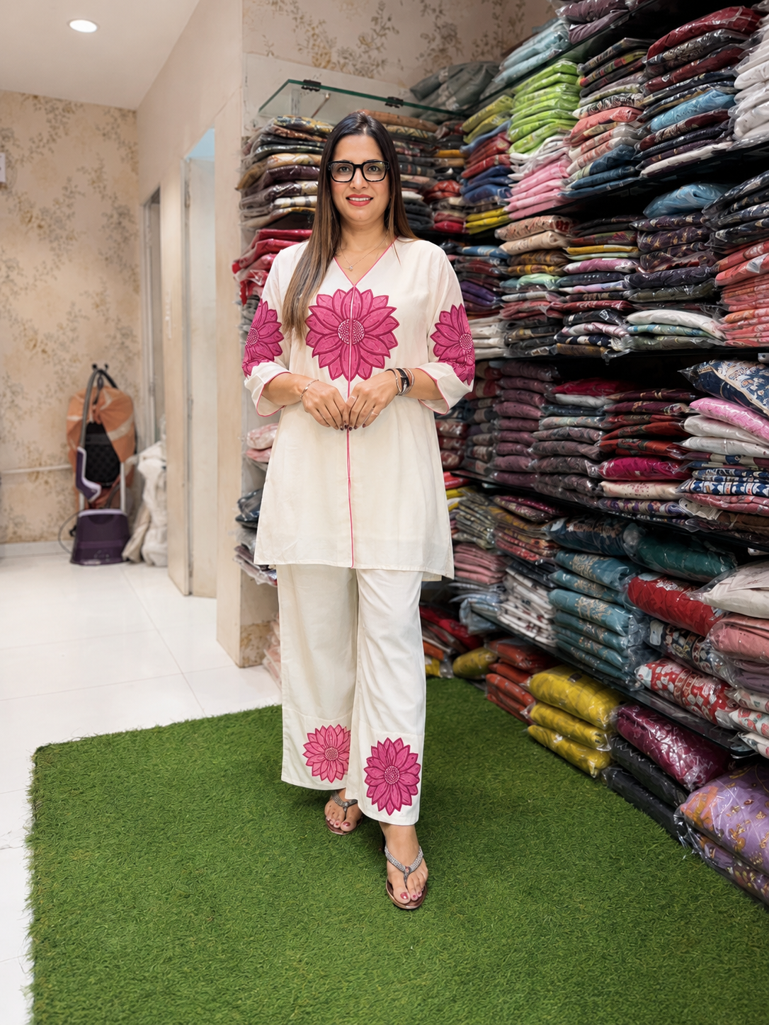 Pure Mull Cotton Pink And Off White 2pc Set