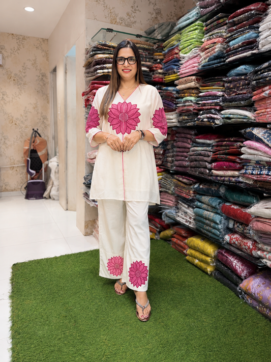Pure Mull Cotton Pink And Off White 2pc Set