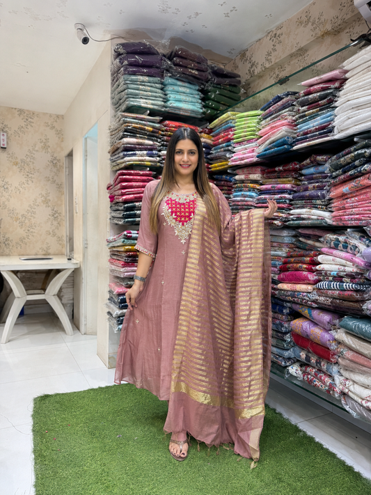 Pure Banarasi Mull Chanderi Caramel 3pc Set