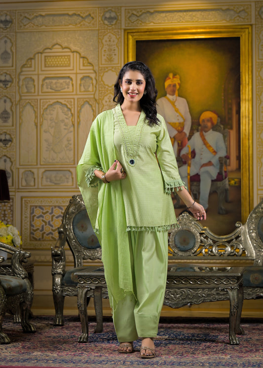 Pure Muslin Cotton Green Farsi Salwar 3pc Set